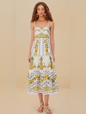 BNWT FARM Rio White Maxi Dress with Yellow Floral and Blue Accents